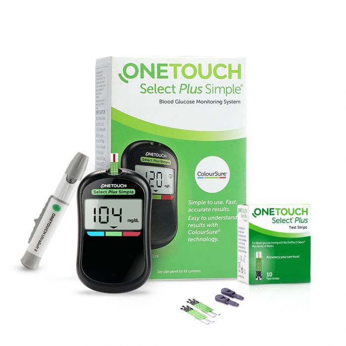 OneTouch Select Plus Simple glucometer machine | Simple & accurate testing of Blood sugar levels at home | Global Iconic Brand | FREE 10 Test Strips + 10 Sterile Lancets + 1 Lancing device
