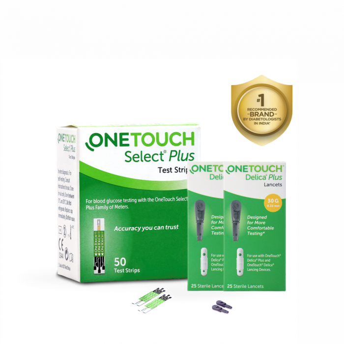 OneTouch Select Plus Test Strips | Pack of 50 Strips with 50 OneTouch Delica Plus Lancets | Blood Sugar Test Machine Testing Strips | Global Iconic Brand | For use with OneTouch Select Plus Simple Glucometer