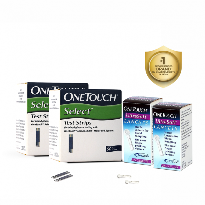 OneTouch Select Test Strips | Pack of 100 Strips with 50 OneTouch Ultrasoft Lancets | Blood Sugar Test Machine Testing Strips | Global Iconic Brand | For use with OneTouch Select Simple Glucometer