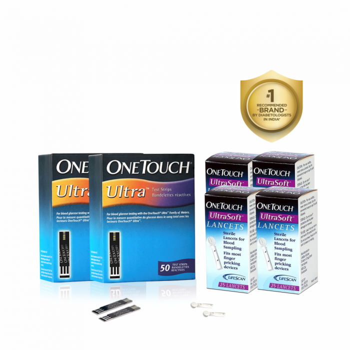 OneTouch Ultra Test Strips | Pack of 100 Test Strips with 100 OneTouch Ultrasoft Lancets | Blood Sugar Test Machine Testing Strips | Global Iconic Brand | For use with OneTouch Ultra 2 Glucometer & OneTouch Ultra Easy Glucometer