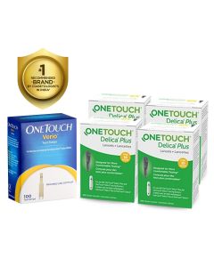 OneTouch Verio Test Strip Value pack - 1 pack of 100s + 4 packs of OneTouch Delica plus Lancet 25s | Virtually Painfree Testing 